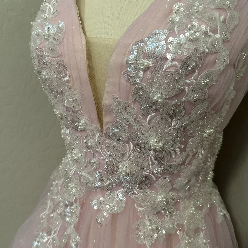 🔴CLEARANCE NEW JOVANI SZ 12 LIGHT PINK BEAD SHIMMER TULLE FIT FLARE FORMAL DRESS